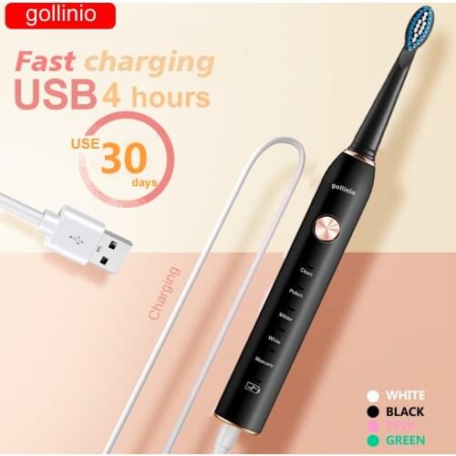 Gollinio Sonic Electric Toothbrush Adult Timer Brush 5 Mode USB Charger Rechargeable Tooth Brushes Replacement Heads Set GL17A