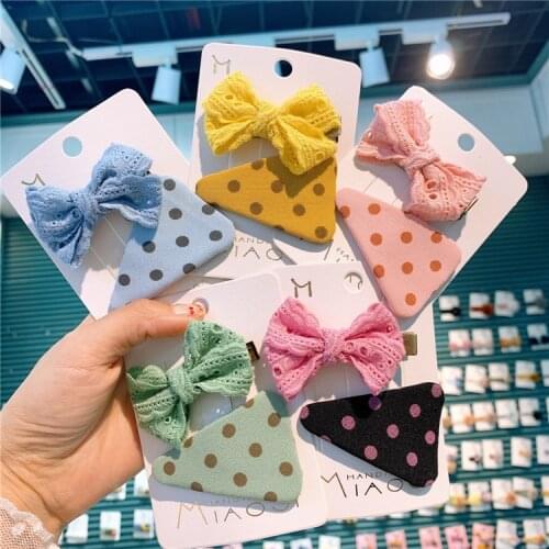 2 Pcs /set Candy Color Mini Bow Barrettes Sweet Girls Solid Dot Lace Hair Clips Kids Hairpins Hair Accessories For Kids
