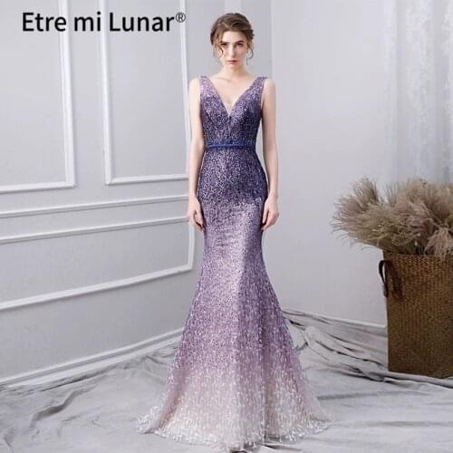 2021Mermaid Sexy Evening Dresses 2020 V-neck Purple Beading Woman Dressing Gown Backless Long Dress Party Dress vestidos LE40777