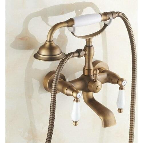 Antique Brass Wall Mounted Bathroom Tub Faucet Set with 1500MM Handheld Shower Spray Head Bath Mixer Tap 2tf152