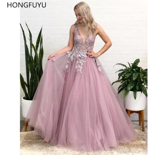 HONGFUYU Floral Embroidered V Neck Ball Gown Prom Dresses 2021 Sheer Full Length Vestidos De Gala Fiesta Evening Gowns 67459