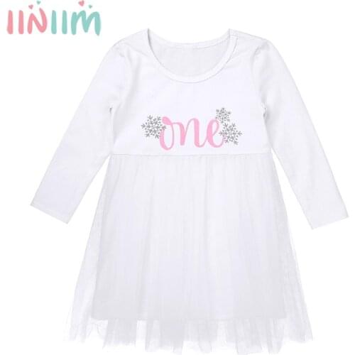 Infant Baby Girls Clothing Princess Long Sleeve Round Neck Letter One Snowflake Print Mesh Tutu 1st First Birthday Party Dress