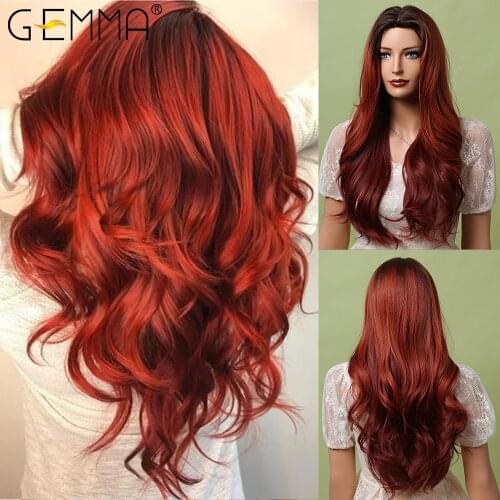 GEMMA Long Wavy Ombre Red Brown Synthetic Wigs for Women Heat Resistant Natural Middle Part Cosplay Party Lolita Hair Wigs