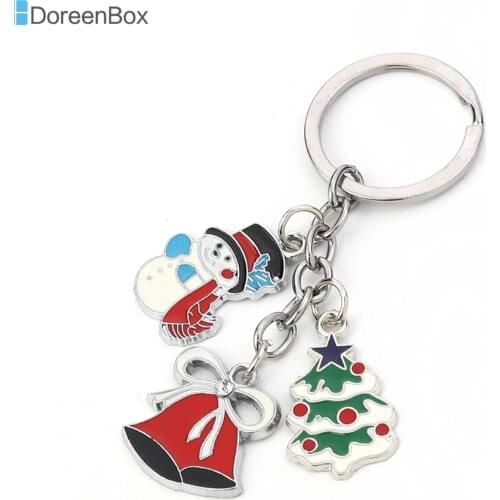 Doreen Box Keychain & Keyring Christmas Santa Claus Dull Silver Color Multicolor Green Christmas Tree Snowflake Enamel, 1 Piece