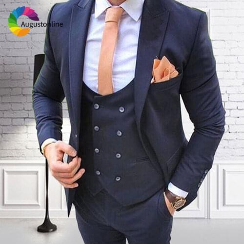 Double Breasted Vest Navy Blue Men Suit for Wedding Groom Blazer Masculino Peaked Lapel Slim Fit Costume Homme 3 Piece Jacket