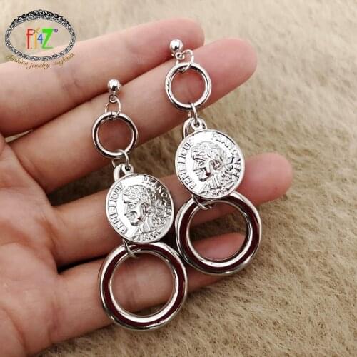 F.J4Z New Vintage Silver Color Coin Earrings Punk Circle Chain Simulated Pearl Drop Earrings for Party Womens Jewelry Dropship