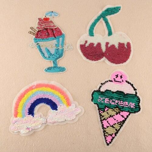 Faishon Ice Cream Rainbow Cherry Patch Sticker Embroidery Cloth Stickers Hand-applied Clothes Sequin Clothing Badges For T-shirt