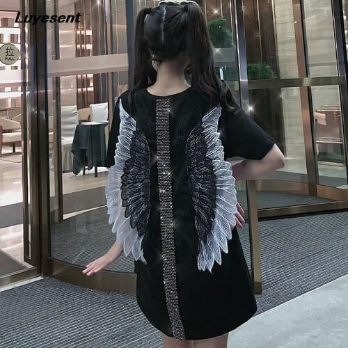Black Gothic Fashion Design Girl T Shirt 3D Mesh Wings Harajuku Summer Tshirt Shining Crystle Street Cotton Korean Fashion Top