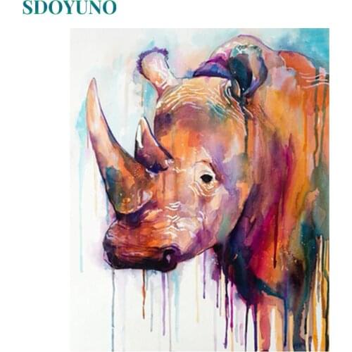 SDOYUNO Coloured Rhino Head pictures by numbers Framed DIY Painting By Numbers adults Wall Art For Home Decor 50x65cm