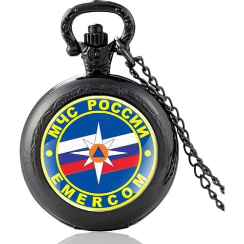Classic МЧС РОССИИ EMERCOM Pattern Black Vintage Quartz Pocket Watch Men Women Charm Pendant Necklace Hours Clock Best Gifts