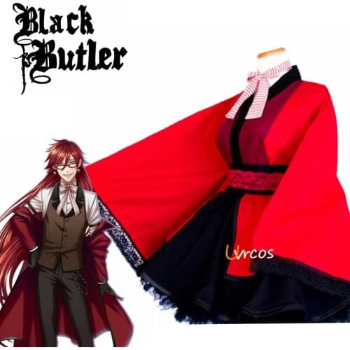 Anime Black Butler Grell Sutcliff Cosplay Costume Lolita Kimono Dress Full Sets Custom Made Female Girls Halloween
