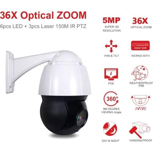 H.265 ONVIF 4.5 inch Ultra HD 36X 5MP infrared waterproof camera Laser LEDs Auto tracking with POE p2p ptz speed dome ip camera
