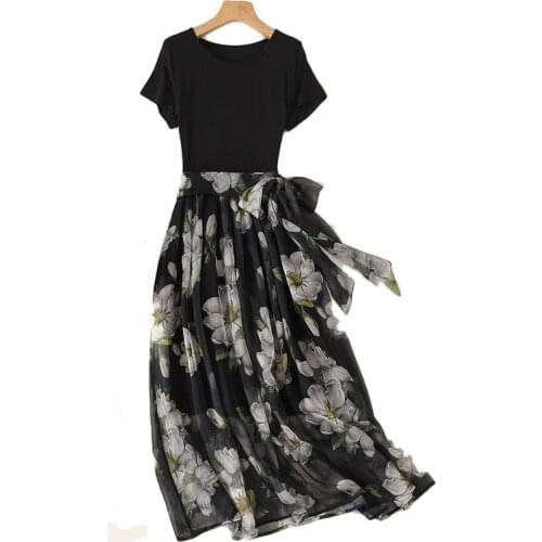 Summer Dress 2020 New Temperament Short Sleeved Printed Dresses Mid-Length Korean Elegant Cover Belly Big Swing Chiffon Dress