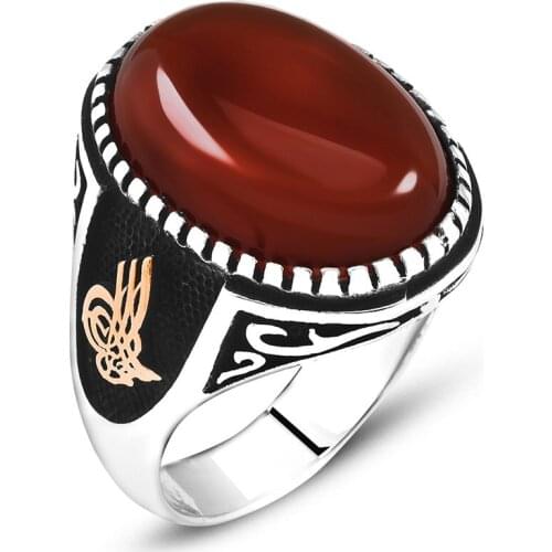 925 sterling Silver Tuğra Patterned Oval Curved Agate Stone Men 'S Ring