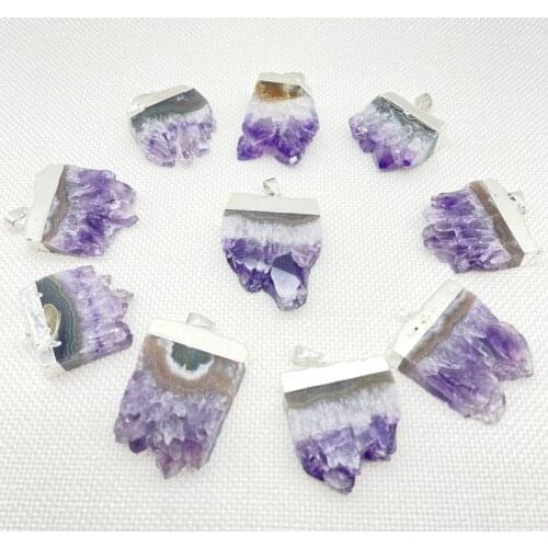 Natural Gem Stone Amethyst Slice Druzys Pendant Purple Crystal Quartz Male Raw Slab Geode for DIY Jewelry Making Necklaces 6Pcs