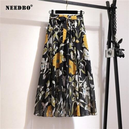 NEEDBO Midi Skirt for Women Boho Beach Skirt Summer Midi Skirt Floral Print Elegant Chiffon Faldas Mujer A-Line Skirts Womens