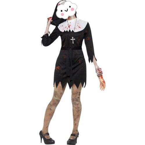 New Arrival Halloween Hot Sexy Black Mini Dress with Blood Nun Costumes For Women Halloween Cosplay Zombie Costume