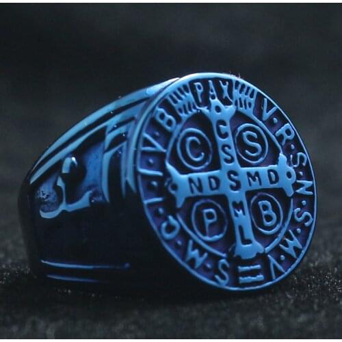 New Arrival Saint Benedict of Nursia CSPB CSSML NDSMD 316L Stainless Steel Blue Ring