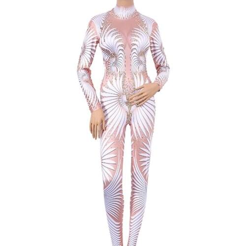 Slim Fit Stage Wear Dancer Singer Clothes Women Sexy White Flower Jumpsuit Color Sparkling Crystals Nightclub Party Bodysuit