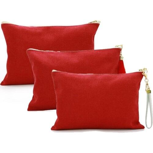 OIVEFEET LGC245 16oz Plain Washed Red Cotton Canvas Clutch Handbag Red Tassel Canvas Clutch Gold Zipper Makeup Pouch