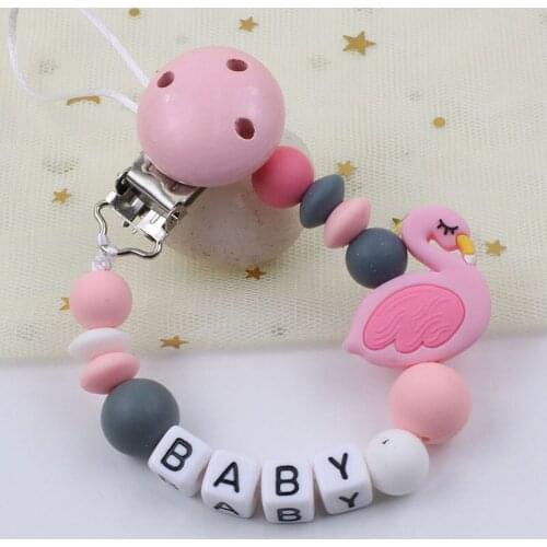 Personalized Name Pacifier Clips Chain Handmade Silicone Pacifier Chains Flamingo Silicone Beads Anti-drop Holder