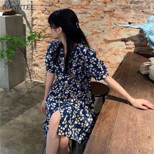 Short Sleeve Dress Women Retro Student Empire Elegant V-neck A-line Female Casual Trendy Lantern Sleeve Summer Girls Chic 2021