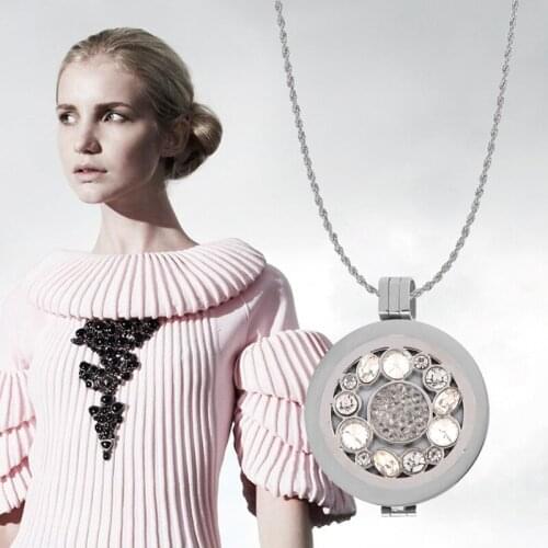 Vinnie Design Jewelry Silver Color 33mm Crystal Flower Coin Pendant Necklace with 35mm Coin Holder 80cm Long Ball Chain