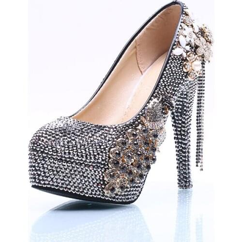 Black and Silver AB Colorful Crystal Wedding Shoes Rhonestone Pearl Beaded Large Size Women Pumps Super High Heel with Platform
