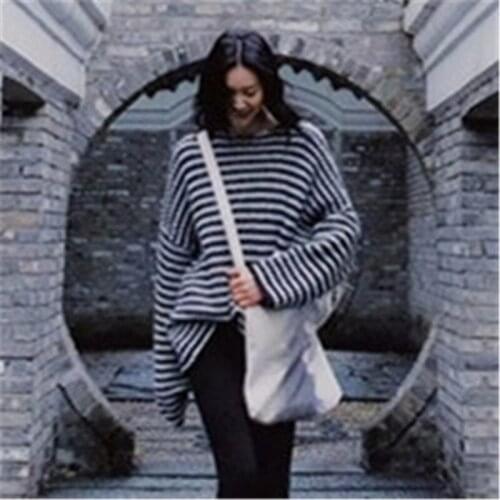 100% hand made wool knit women fashion black white striped Oneck loose pullover sweater customized