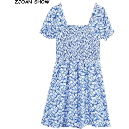 2021 Summer Retro Blue Floral Print Women Mini Dress Woman Vintage French Square Collar Chiffon Short sleeve Dresses Holiday