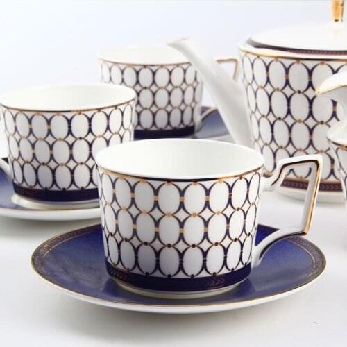 280ml luxury europe style geometric ceramic bone china coffee tea Cup Saucer with gold line