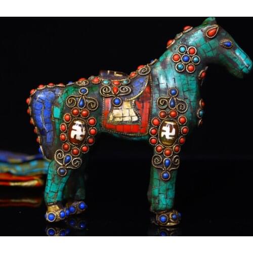 5" Tibet Buddhism Old Bronze Filigree mosaic Gem Dzi Bead Chinese Zodiac Horse Statue Town House Exorcism Ward off evil spirits