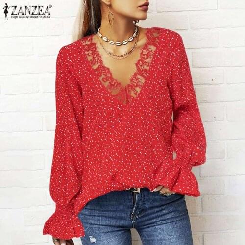 Bohemian Lace Patchwork Womens Blouse 2021 Spring Polka Dots Puff Sleeve Tops ZANZEA Casual Ladies V-neck Loose Oversized Blusa