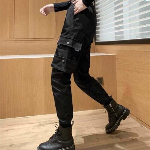 Harajuku Women Cargo Pants Strap Trousers Female Elastic Waist Streetwear Pants Multi-pocket Korean Fashion Casual Pants