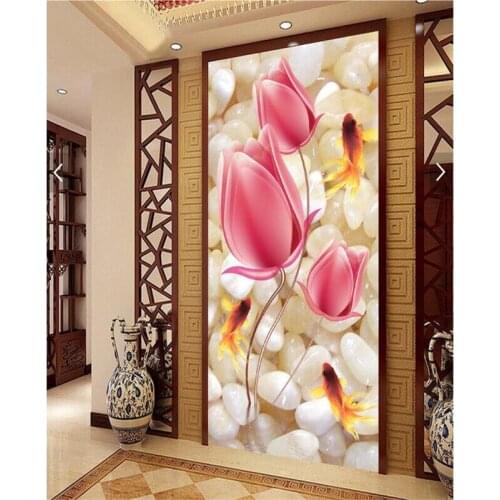 Beibehang paper 3d art mural HD pebbles pink flower goldfish covering Home Decor Modern Wall Painting For Living Room wallpaper