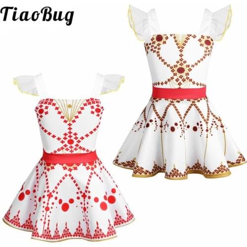 TiaoBug Kids Ruffle Sleeve Square Neck Printed Ballet Tutu Dress Girls Gymnastics Dress Ballerina Party Fancy Costume Dance Wear