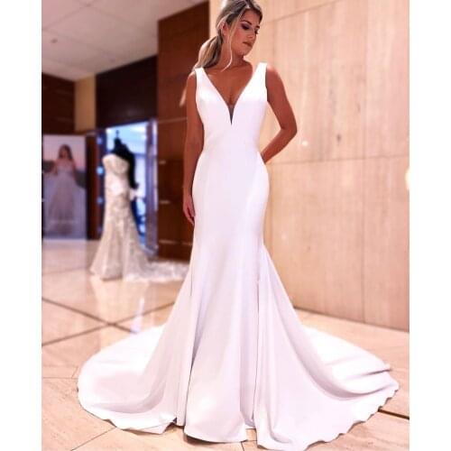 Long White V-Neck Pleated Wedding Dresses Mermaid Button Back Stretchy Satin Robes De Mariée Bridal Gown For Women