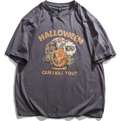 ZuoLunOuBa Cotton Japanese Fun Print Short Sleeve Men T Shirt Pumpkin Halloween Letter Can I Kill You Tees Summer Tops Male