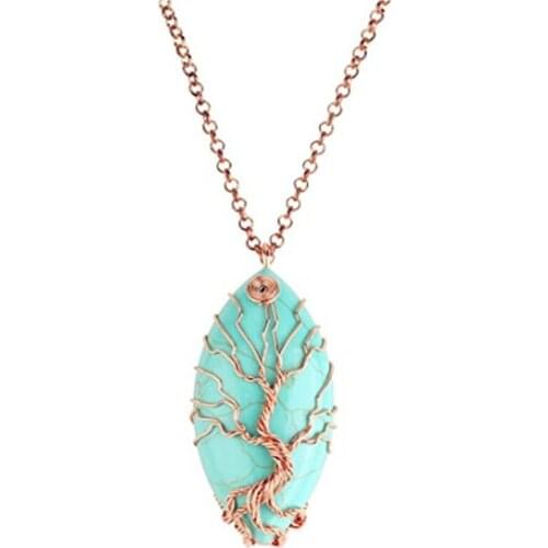 FYJS Unique Rose Gold Color Wire Wrap Marquise shape Green Turquoises Stone Pendant Tree of Life Necklace
