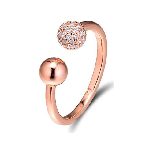 Real 925 Sterling Silver Rose Gold Color Polished & Pave Bead Open Rings for Women Wedding Engagement Ring Jewelry Wholesale