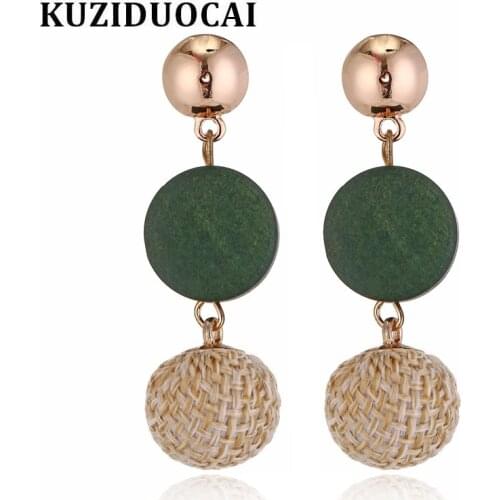 Kuziduocai 2018 New ! Fashion Fine Jewelry Gold Color Copper Wood Cotton Linen Ball Pendant Stud Earrings For Women Gifts E-534