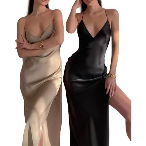 2021 Fashion Trend Women Summer Sexy Split Dress Solid Color Deep V-neck Sleeveless Backless One-piece Fitting Dress Clubwear