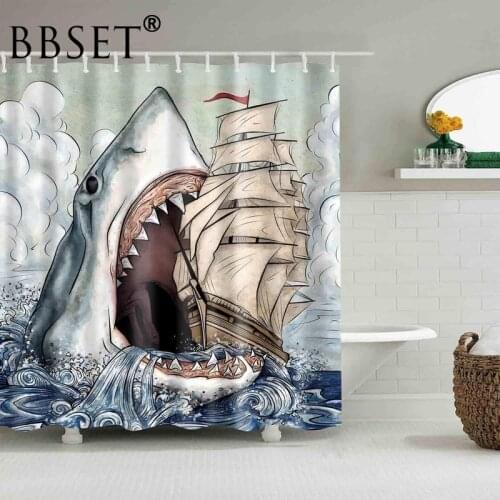 Marine Life Shower Curtain Big Mouth Shark Swallowing Sailboat Pattern Waterproof Multi-size Douchegordijn Kids Bathroom Decor