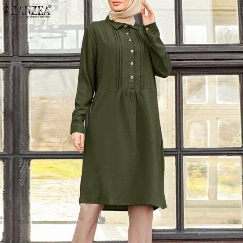 ZANZEA Autumn Blouse Vintage Lapel Neck Long Sleeve Solid Muslim Tops Casual Long Shirt Dubai Turkey Abaya Hijab Blusas Islamic