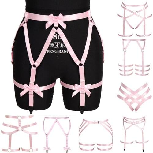 Pink Bow Garter Belts Stockings Cage Leg Waist Suspender Punk Gothic Adjust Elastic Festival Dance Party Body Harness Lingerie