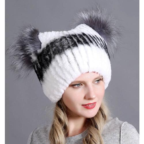 Russian Winter Women Hat Rex Rabbit Beanie Patchwork Fox Fur Ear Skullie Lady Fashion Wool Knitting Headwear Warm Cotton Cap