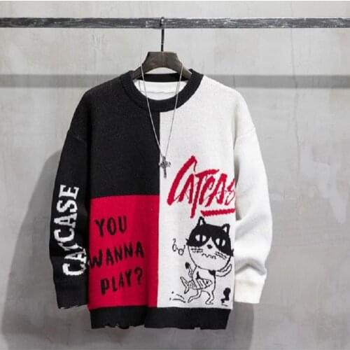 Autumn Winter Color Matching O-neck Sweater Boys Loose Cartoon Korean Version Ins Trend Personality Knit Sweater Sueter Hombre
