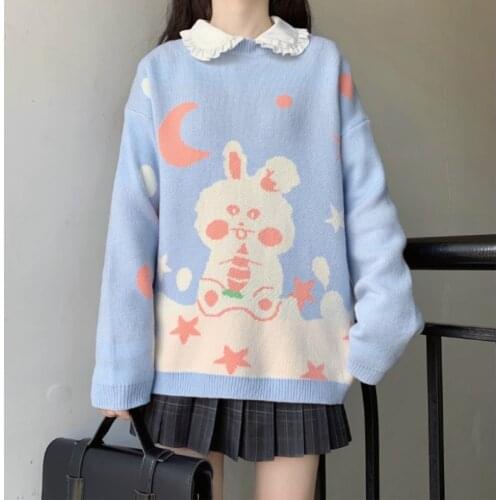Japanese Sweater Womens 2020 Autumn Sweet round Neck Cartoon Jacquard Long Sleeve school girl outfit uniform sweater