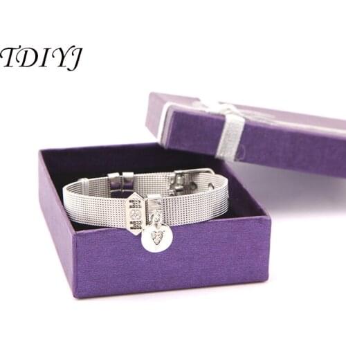 TDIYJ Gift Box Love Heart Dangle Dangle Mom Keeper Charms Stainless Steel Mesh Bracelet 1Set