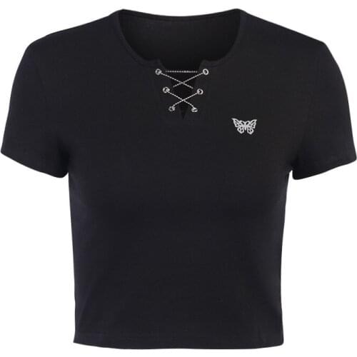 Fanco 2020 Summer New T-shirt Womens Reflective Butterfly Print Sexy Navel Female Short-sleeved Top